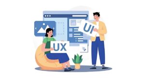 Illustration of two people working with UI and UX design elements.
